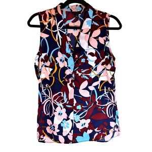 Halogen Sleeveless‎ V Neck Floral Print Blouse Top Navy Pink Blue XS